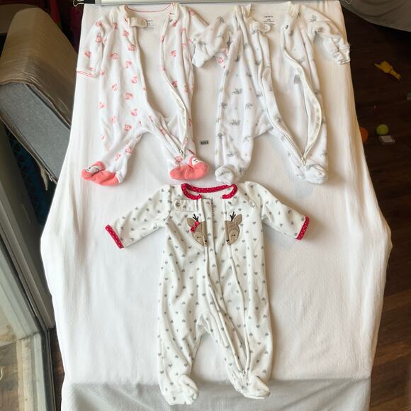 Set of 3 Carter’s Baby Girl Boy Footie size Newborn Zipper Warm Fleece - Picture 1 of 8